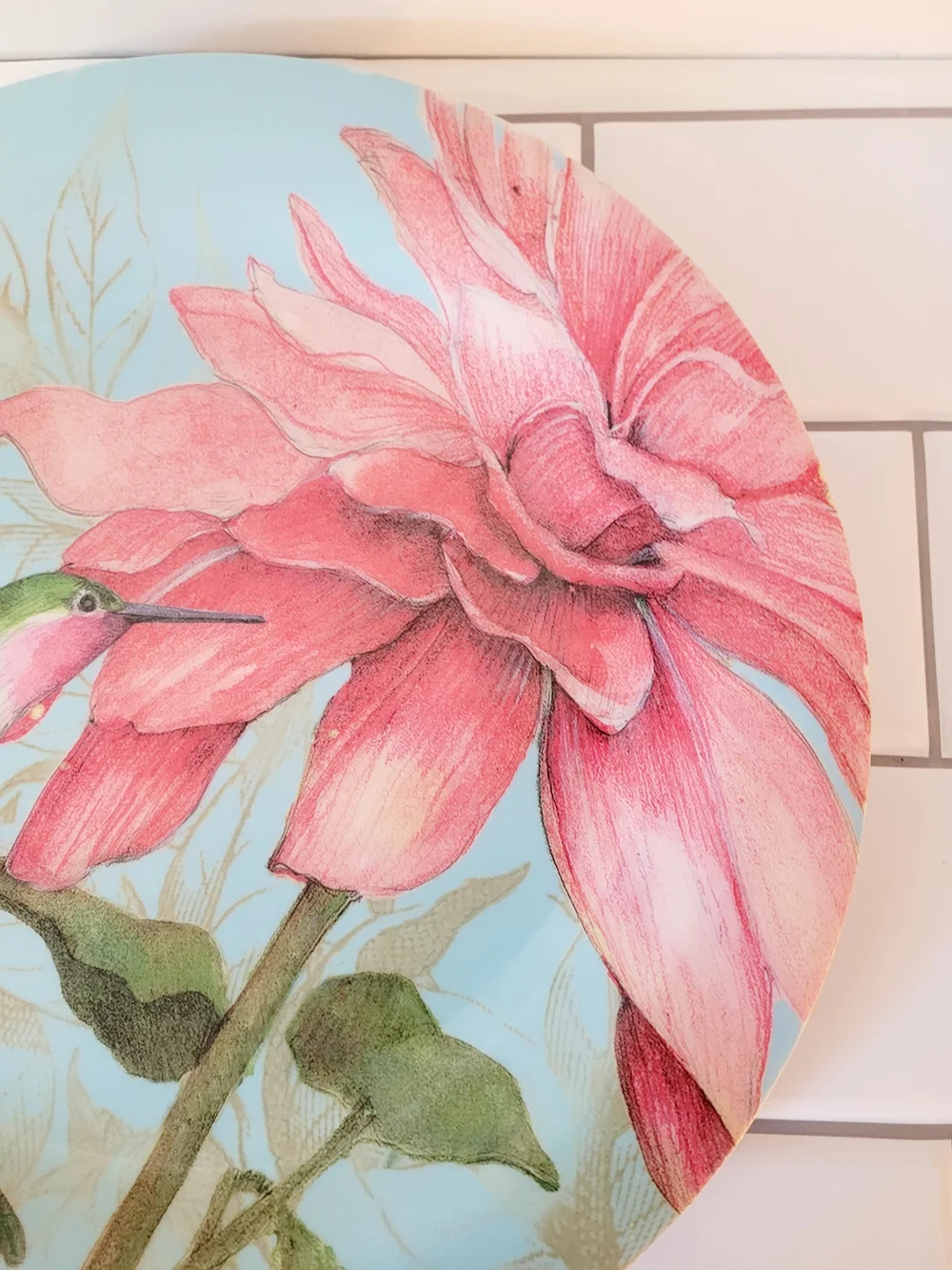 Hummingbird Floral Melamine Dinner Plate Blue Pink